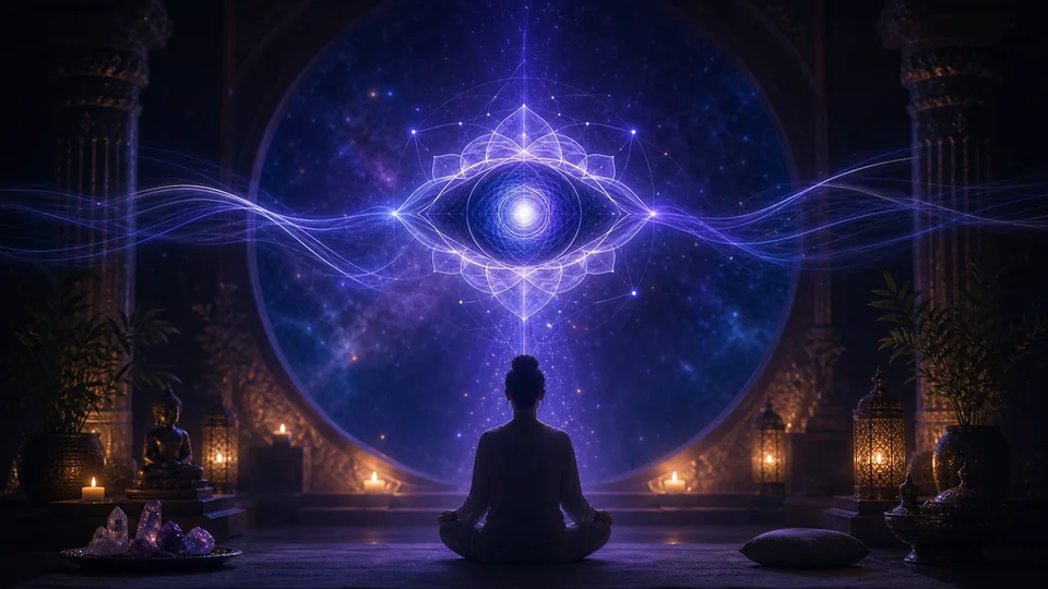 Centro luminoso azul-violeta em forma de olho espiritual diante de uma pessoa em meditação para representar o chakra frontal