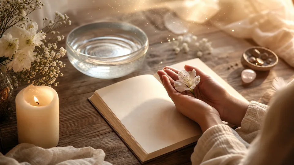 Ritual simples de gratidão ao anjo da guarda com flor, vela e caderno