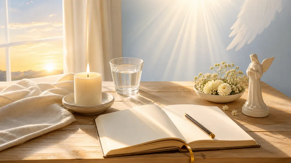 Mesa de manhã com vela, água, diário e luz suave para consagrar o dia ao anjo da guarda