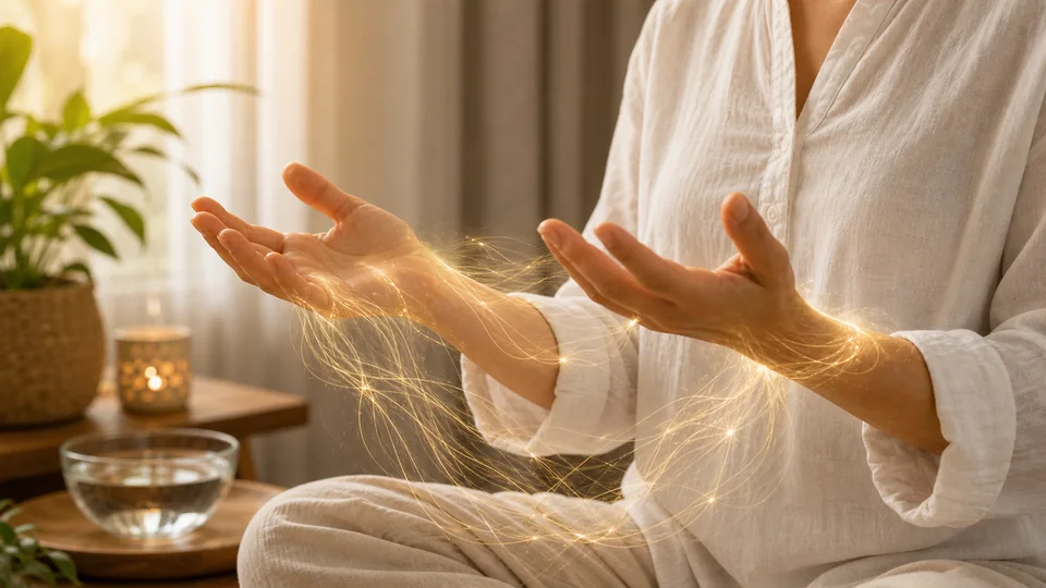 Mãos abertas soltando fios energéticos luminosos durante prática de corte de laços