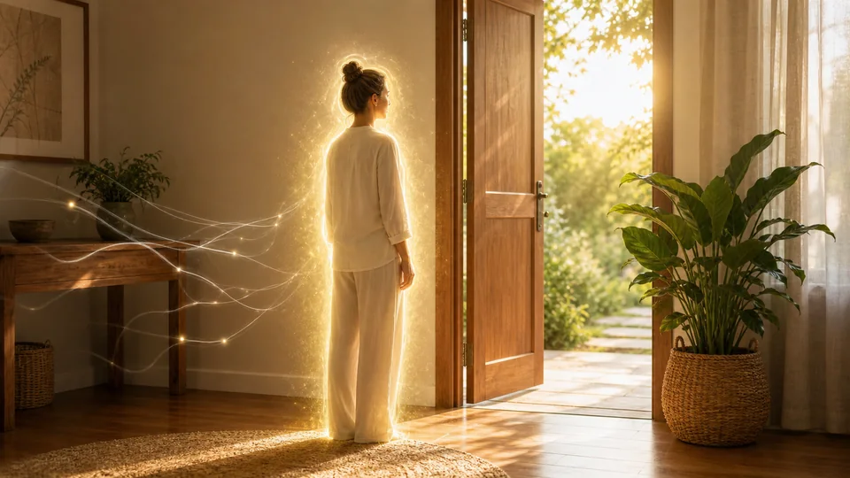 Pessoa com campo dourado diante de porta aberta enquanto fios energéticos se dissolvem