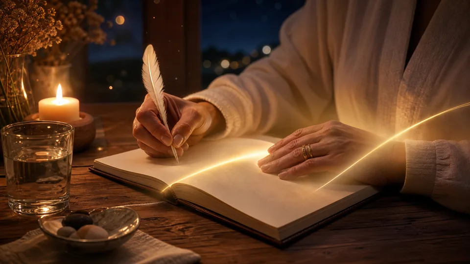 Diário espiritual aberto com luz dourada para registrar a rotina com o anjo da guarda