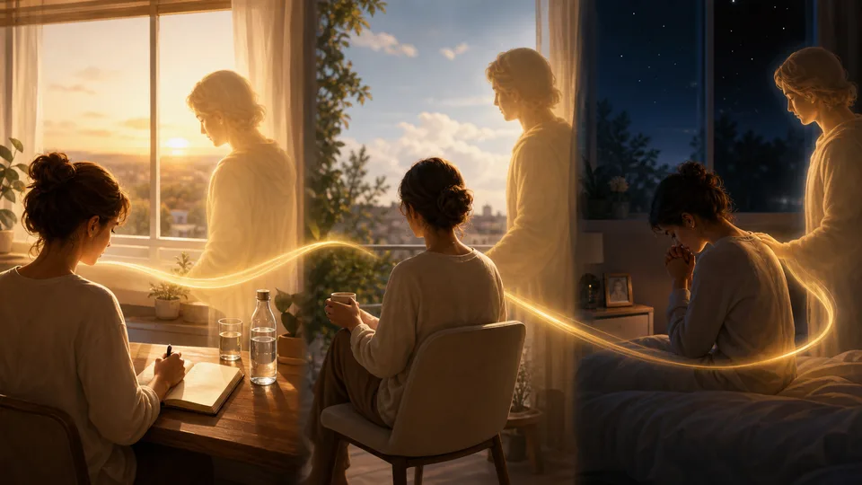 Três momentos do dia conectados por luz dourada para representar a rotina com o anjo da guarda