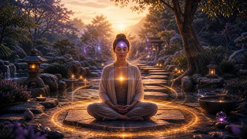Pessoa meditando em jardim ao amanhecer com luz azul-violeta no terceiro olho e caminho de pedras à frente