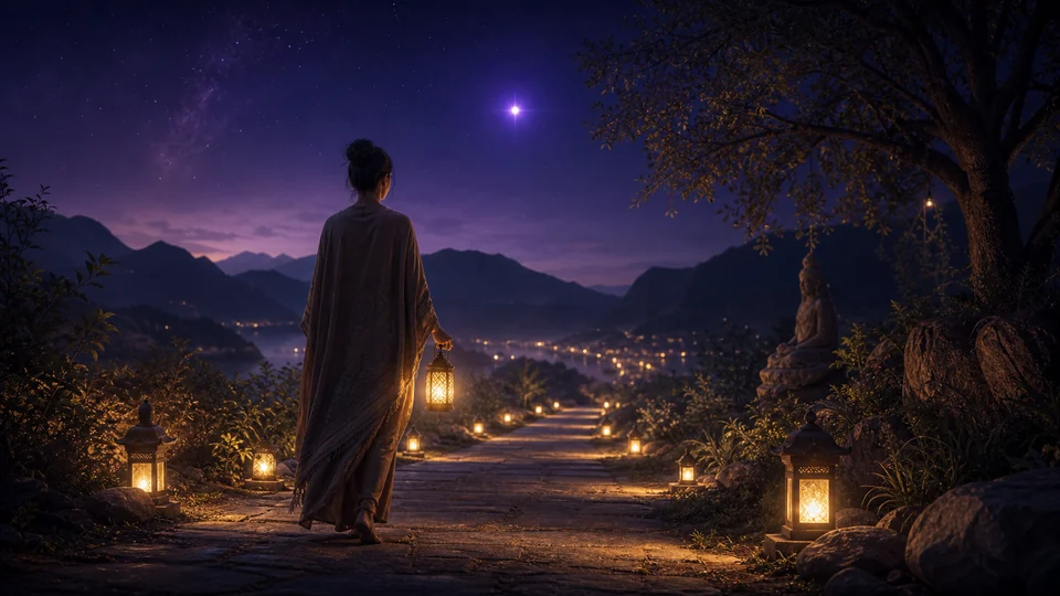 Caminho noturno com lanternas e ponto de luz violeta simbolizando proteção e discernimento espiritual