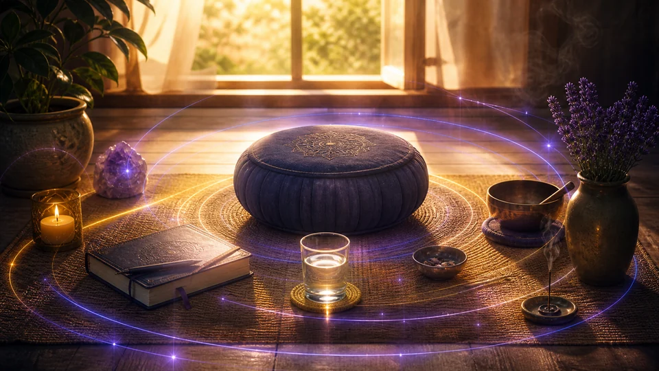 Canto de meditação organizado com caderno, vela, água e luz violeta representando rotina segura do terceiro olho