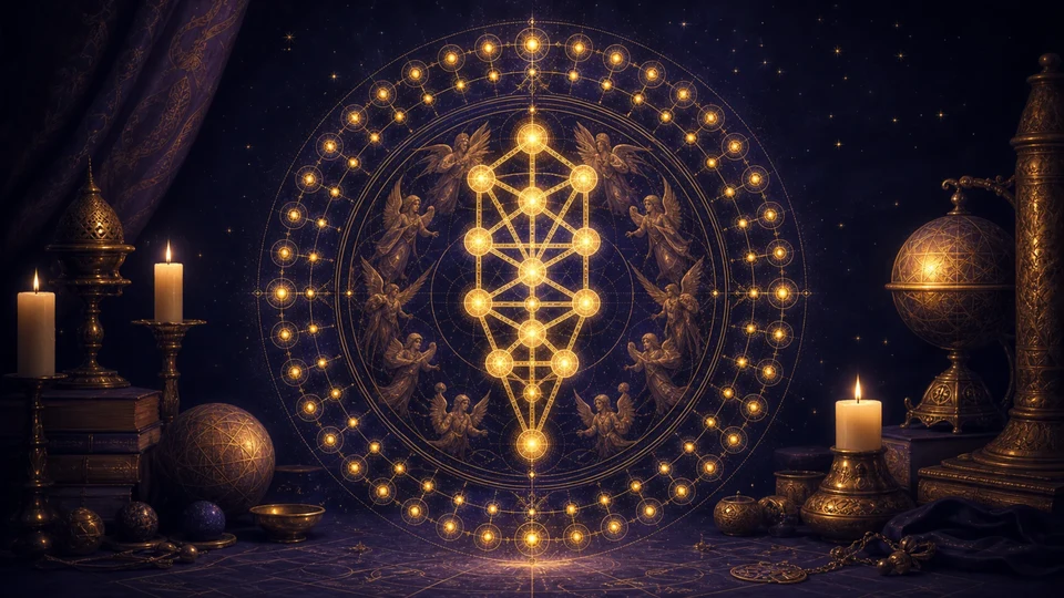 Diagrama dourado inspirado na Cabala e nos 72 anjos cabalísticos em ambiente espiritual de estudo