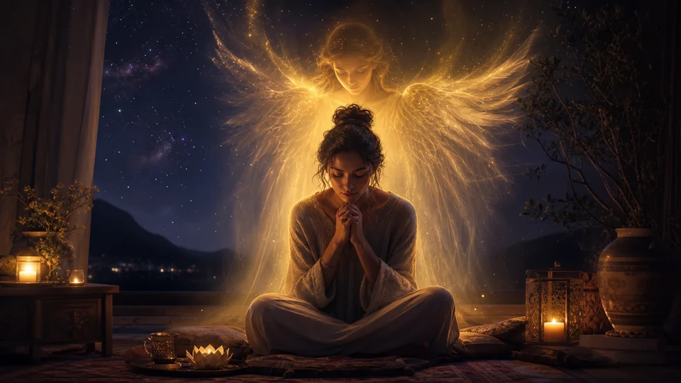 Pessoa em oração recebendo uma presença angelical dourada em um ambiente silencioso