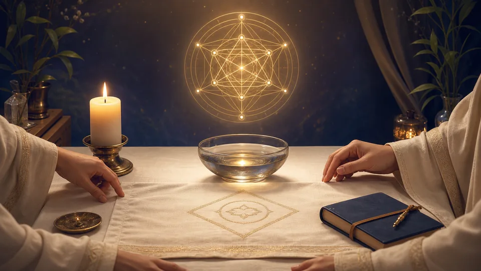 Mesa simples com vela e água preparada para invocar um anjo cabalístico