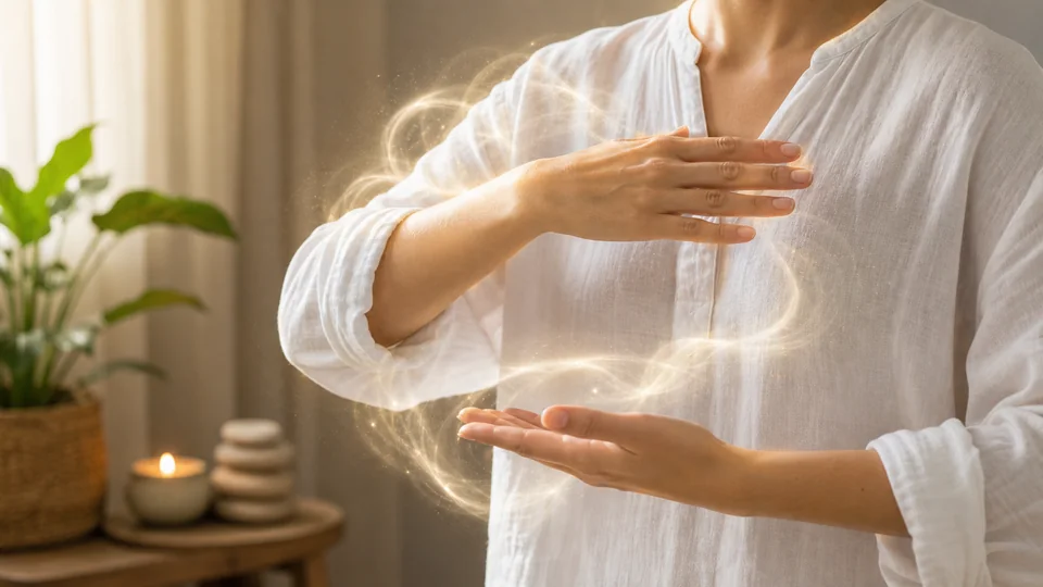 Mãos fazendo movimento de limpeza da aura com luz suave ao redor do corpo