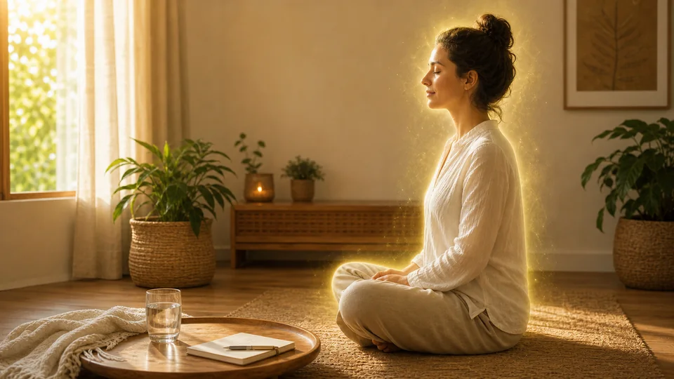 Pessoa meditando com campo dourado estável após limpeza da aura