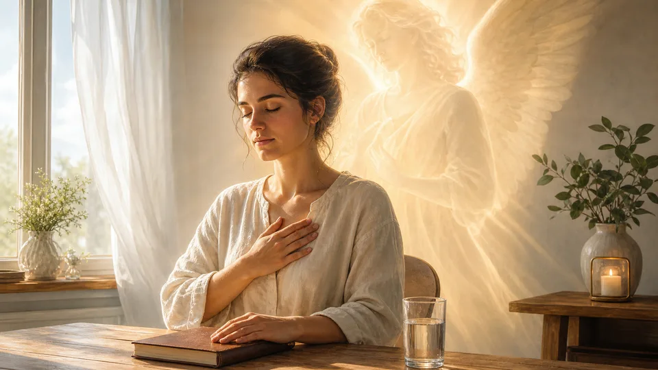 Pessoa ouvindo a intuição do anjo da guarda com mão no coração e luz espiritual serena