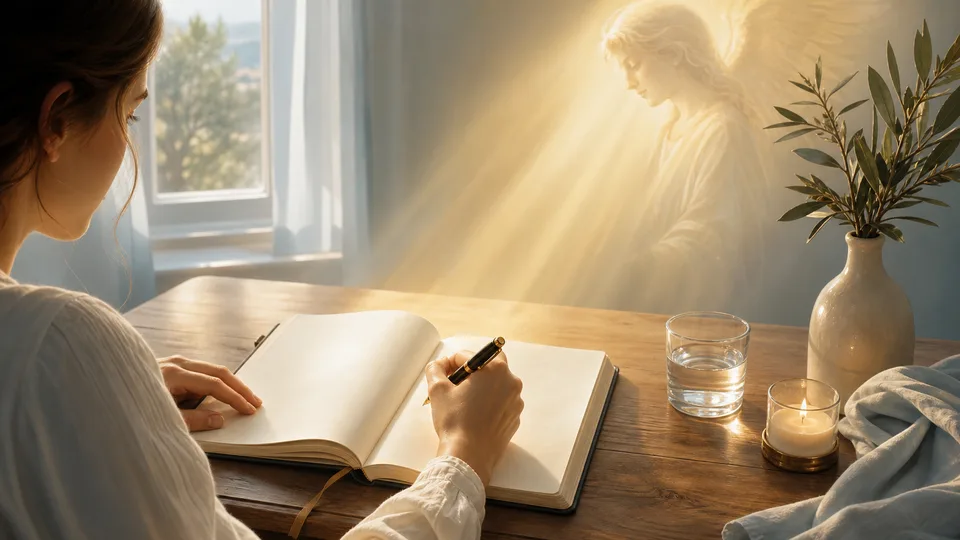Diário espiritual aberto para registrar intuições do anjo da guarda após oração