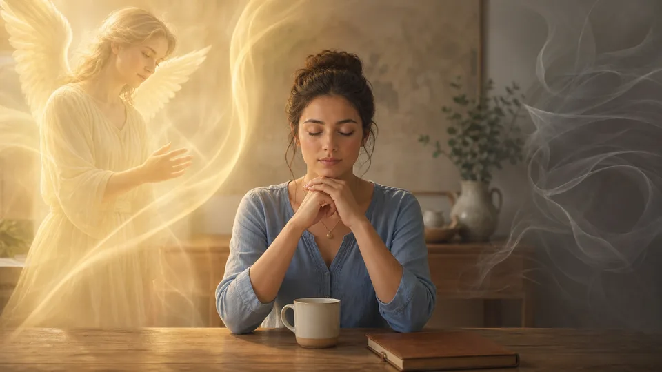 Pessoa discernindo luz dourada da intuição e névoa cinza da ansiedade