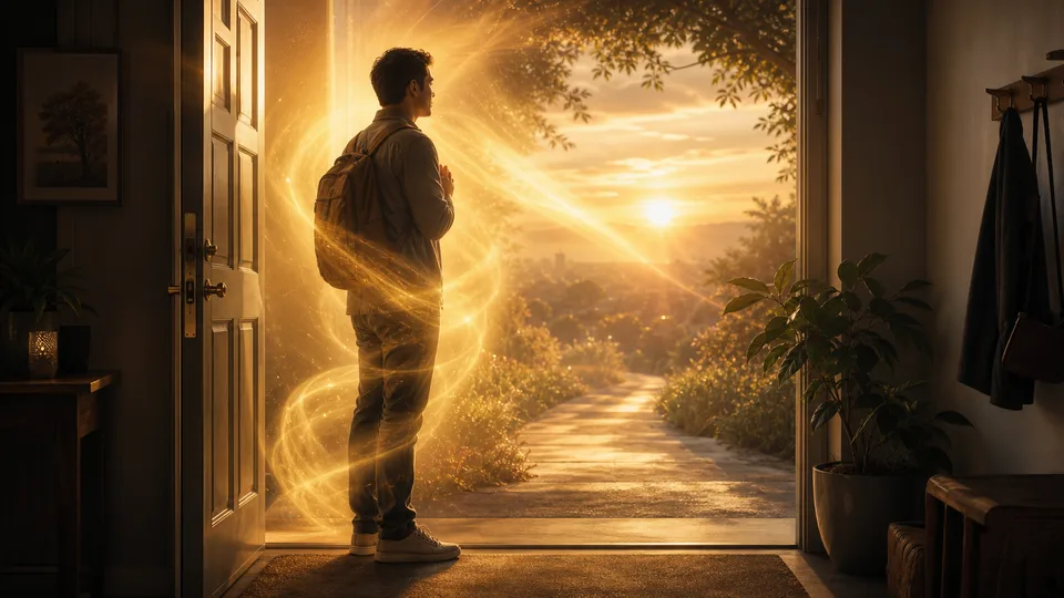 Pessoa na porta de casa envolvida por luz dourada pedindo proteção ao anjo da guarda