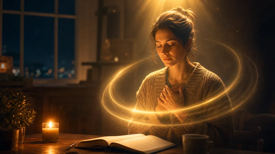 Pessoa em oração com luz dourada ao redor pedindo proteção ao anjo da guarda