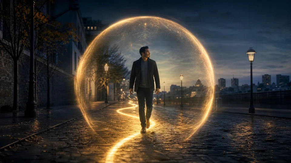 Pessoa caminhando protegida por esfera de luz dourada representando proteção espiritual do anjo da guarda