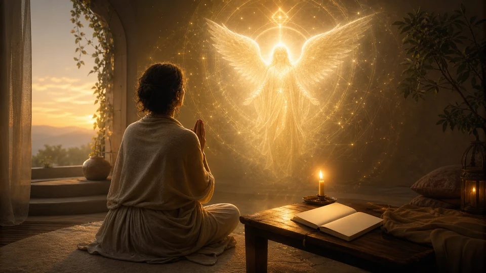 Pessoa em oração diante de uma presença angelical dourada em ambiente sereno