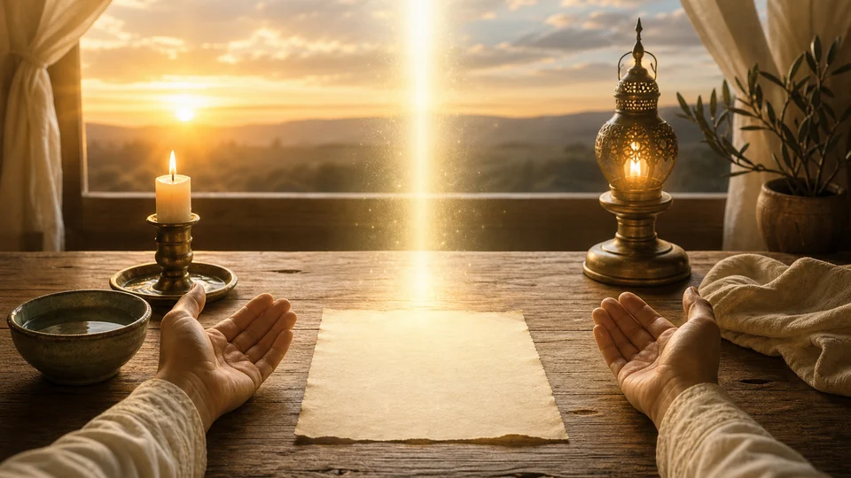 Mãos abertas diante de vela e luz dourada em preparo para oração angelical