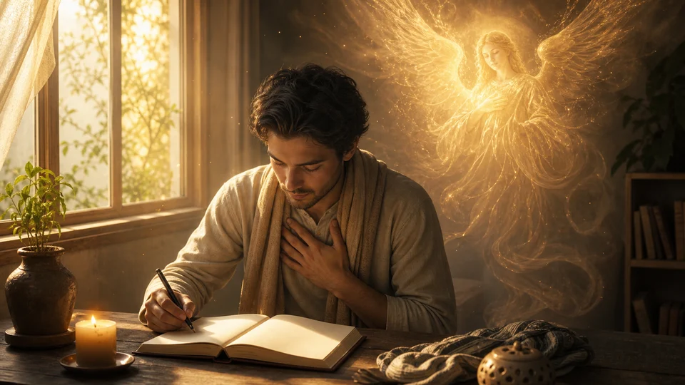 Pessoa escrevendo em diário espiritual com luz angelical dourada ao fundo