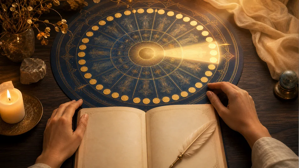 Diário espiritual diante de uma mandala dourada usada para consultar o anjo cabalístico pela data de nascimento