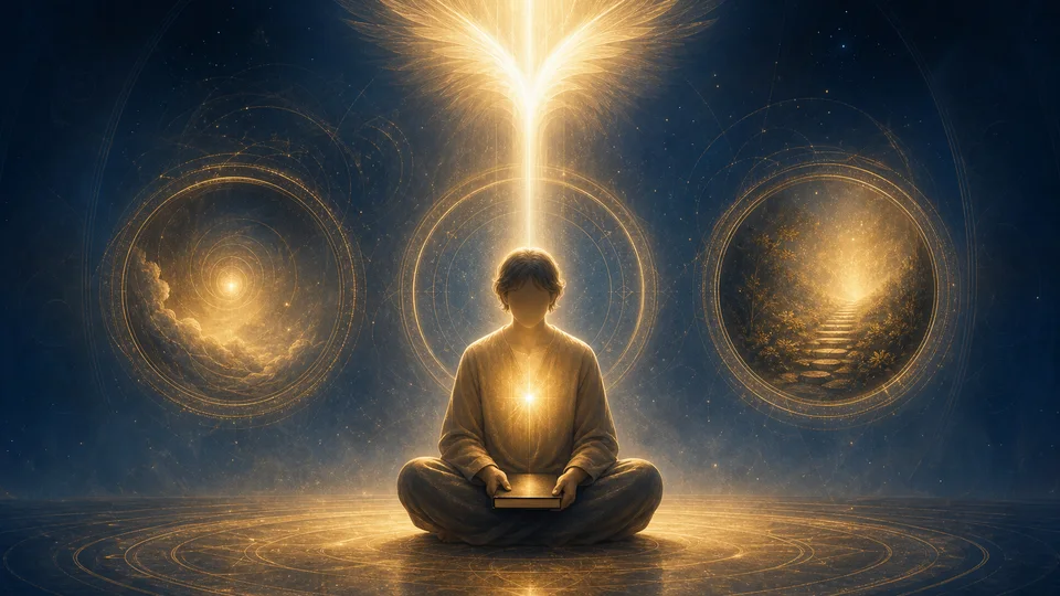 Pessoa em meditação recebendo luz dourada que representa a virtude do anjo cabalístico