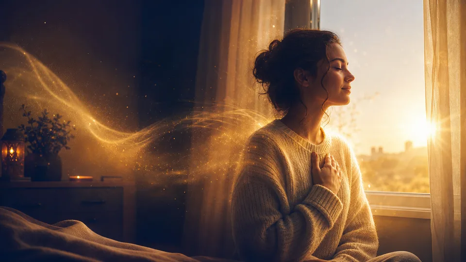 Pessoa em silêncio percebendo luz dourada que representa a presença próxima do anjo da guarda
