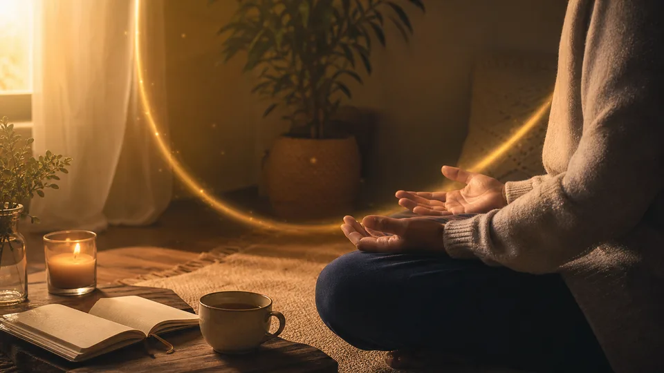 Pessoa em meditação percebendo a presença do anjo da guarda no silêncio