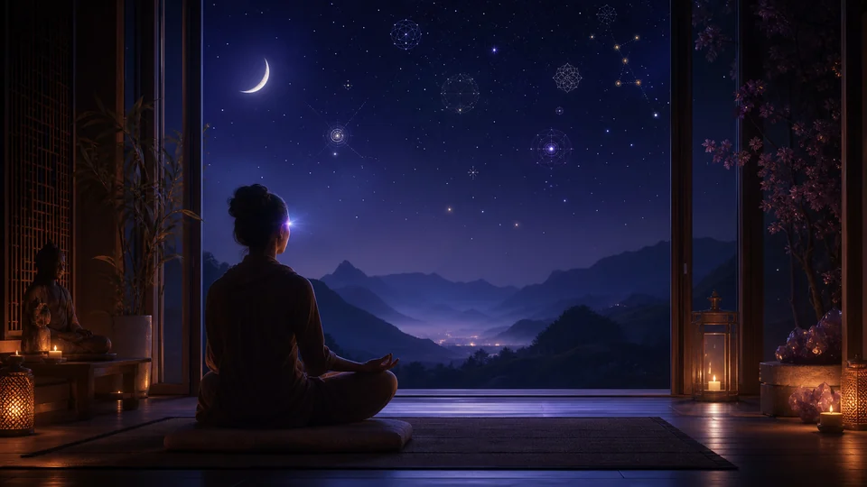 Pessoa meditando diante de uma noite estrelada com luz azul-violeta suave no ponto do terceiro olho