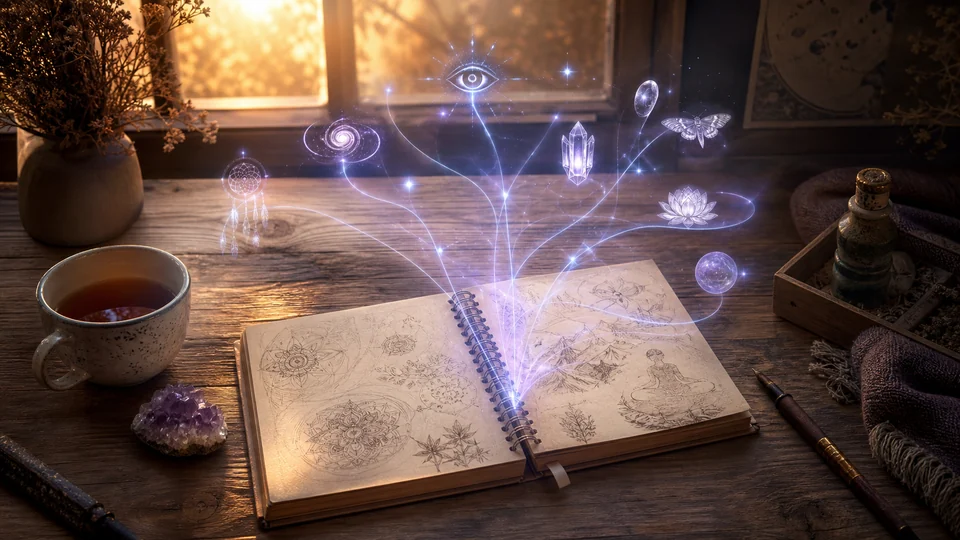 Diário espiritual com sinais luminosos sutis saindo das páginas para representar padrões do terceiro olho abrindo