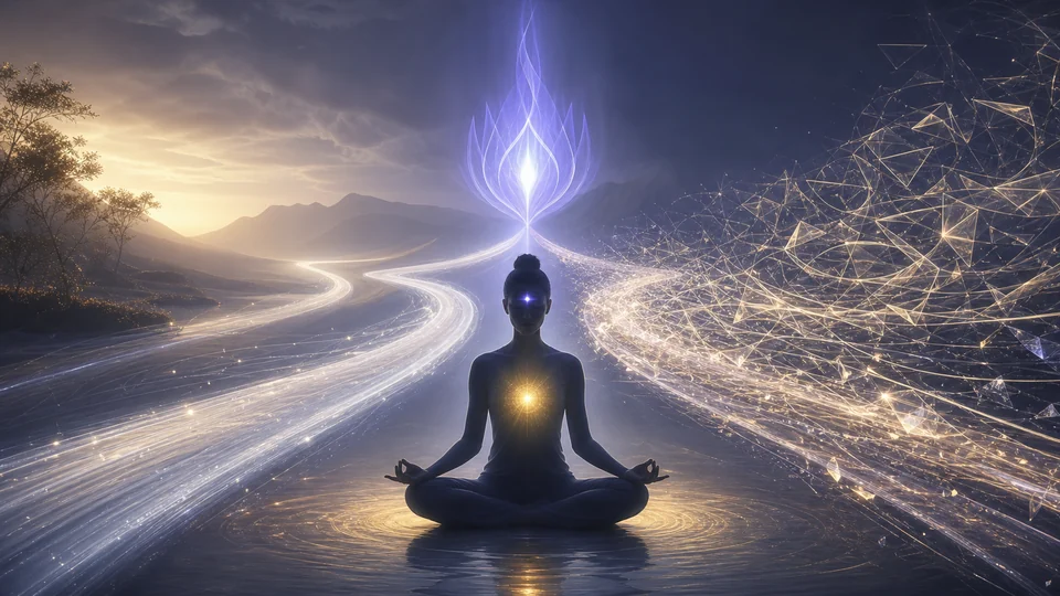 Pessoa meditando entre caminhos de luz para representar discernimento ao observar sinais do terceiro olho