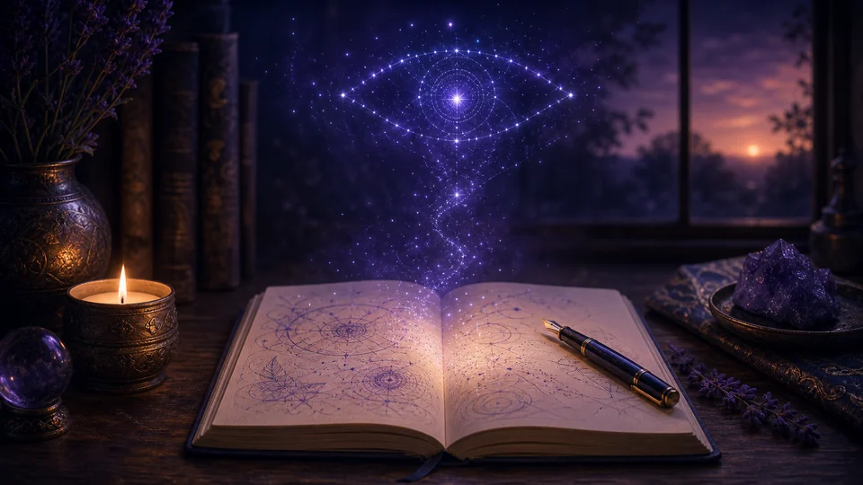 Diário espiritual com pontos de luz formando constelação do terceiro olho acima das páginas