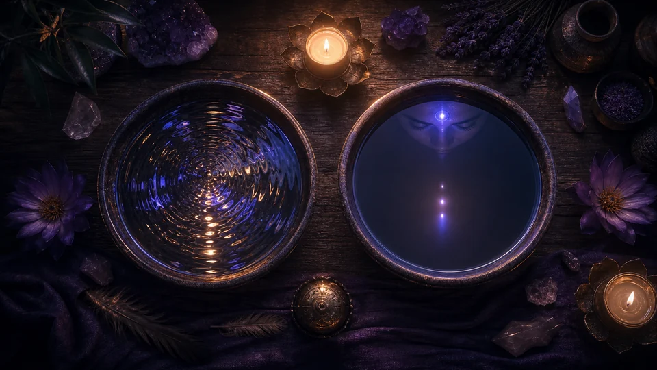 Duas tigelas de água sob luz violeta simbolizando sensibilidade espiritual e equilíbrio emocional