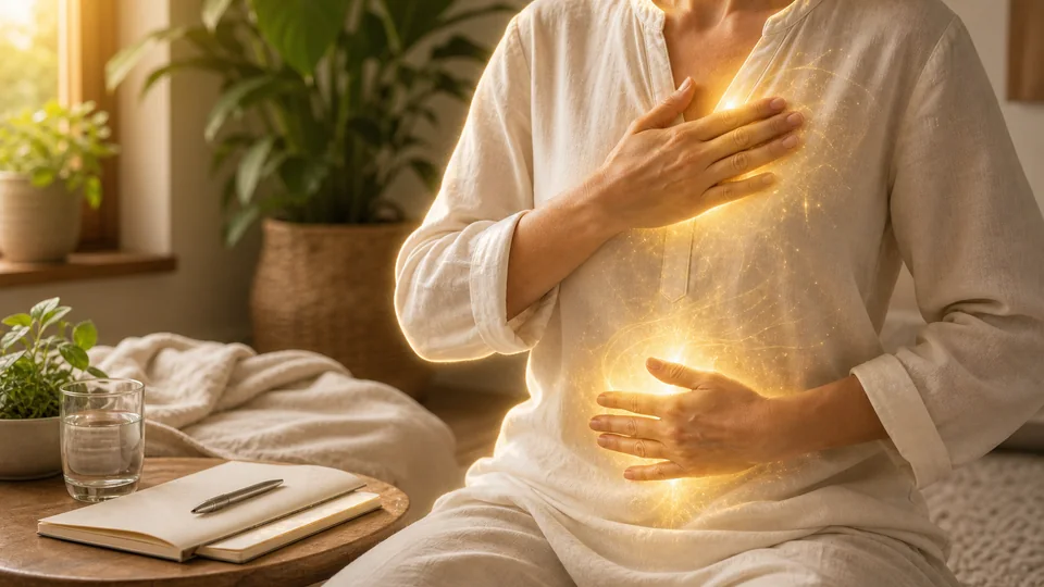 Mãos no coração fortalecendo o campo energético com luz dourada