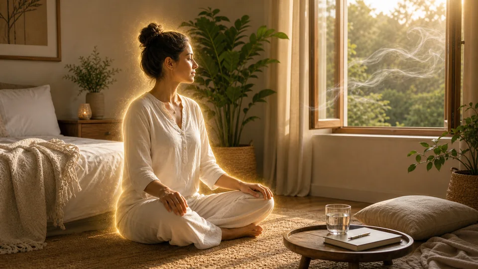 Pessoa em rotina espiritual matinal com aura dourada e névoa densa dissolvida pela luz
