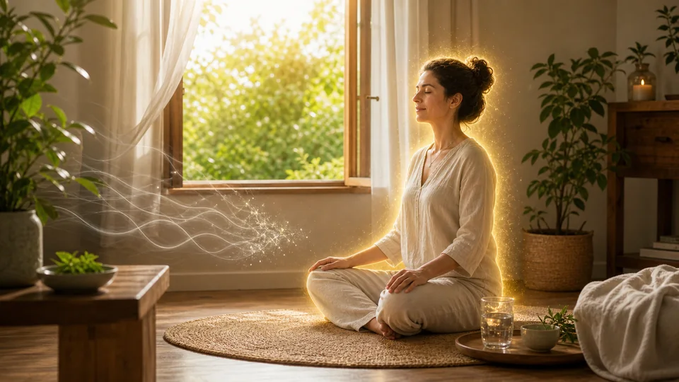 Pessoa meditando com escudo dourado para proteção contra mau olhado