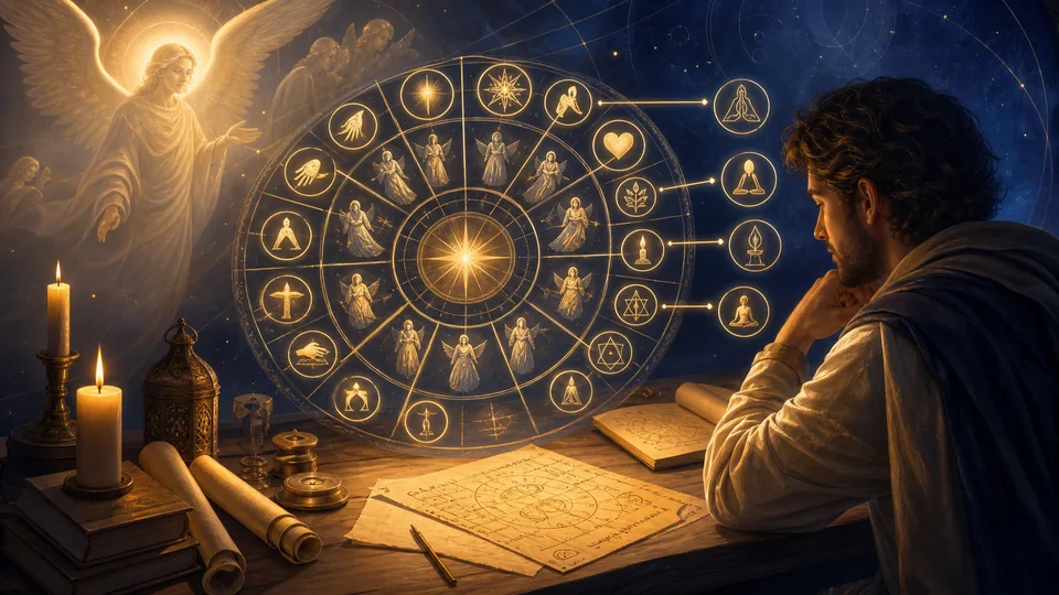 Pessoa estudando uma tabela circular luminosa dos 72 anjos cabalísticos com símbolos de virtude e prática espiritual