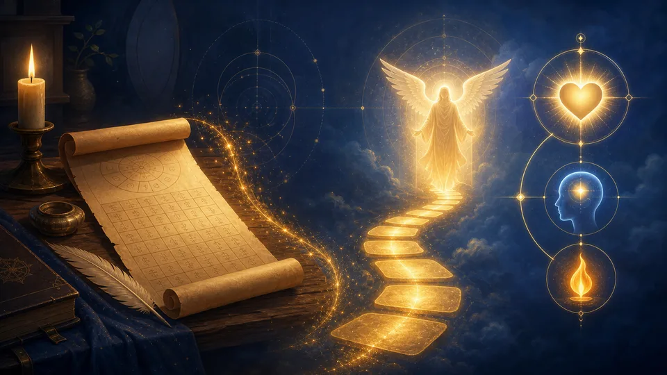 Pergaminho com tabela angelical se transformando em caminho de luz entre data de nascimento anjo e virtude