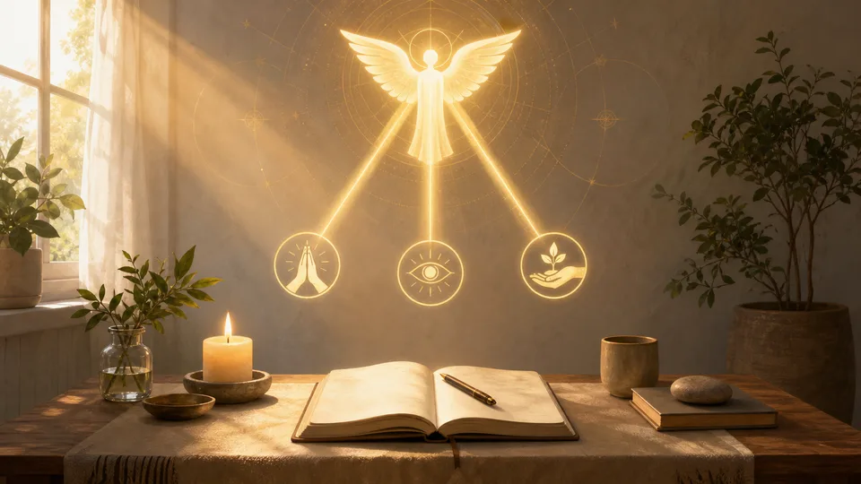 Altar simples com vela caderno e símbolo angelical representando oração observação e ação diária