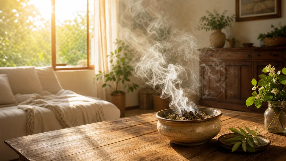 Fumaça de ervas em sala iluminada para defumação espiritual da casa