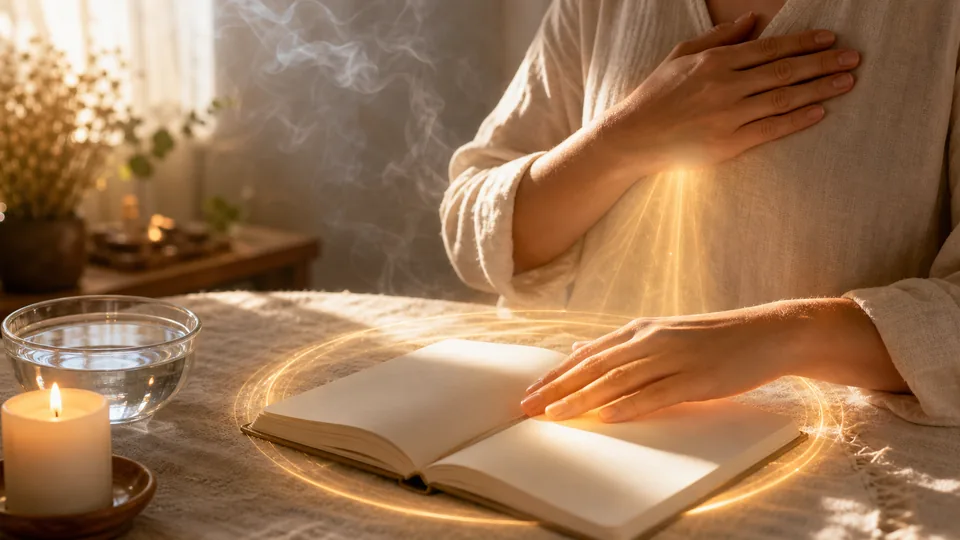 Mãos em prática espiritual com luz dourada, caderno em branco, vela e água