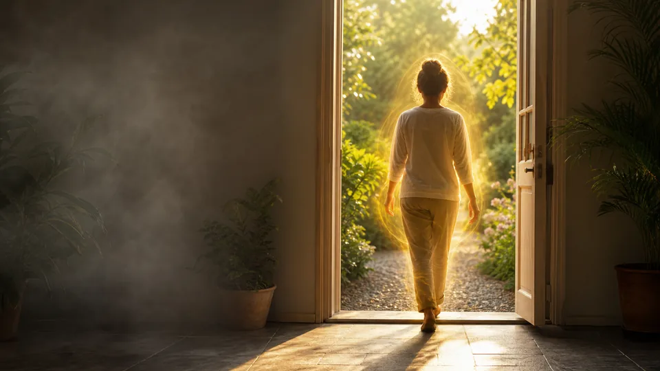 Pessoa caminhando de um ambiente escuro para um jardim iluminado com aura dourada