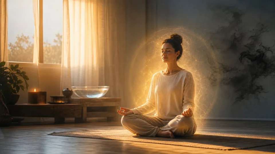 Pessoa meditando em luz dourada enquanto uma névoa escura se dissolve ao fundo