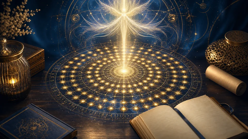 Mandala dourada dos 72 anjos cabalísticos representando virtudes e regências espirituais