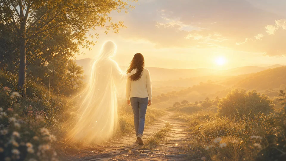 Pessoa caminhando com uma presença luminosa representando o cuidado do anjo da guarda
