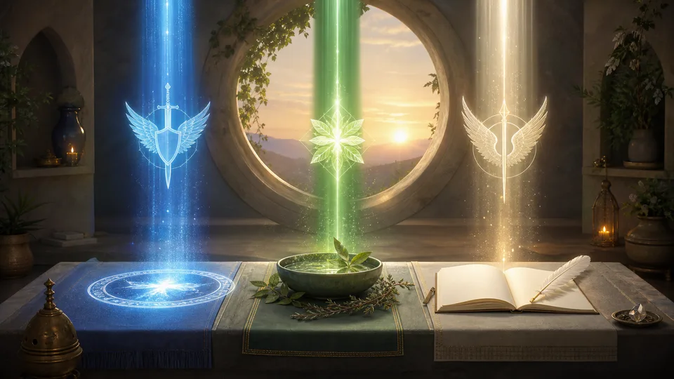 Três feixes de luz em um altar representando proteção, cura e mensagem espiritual