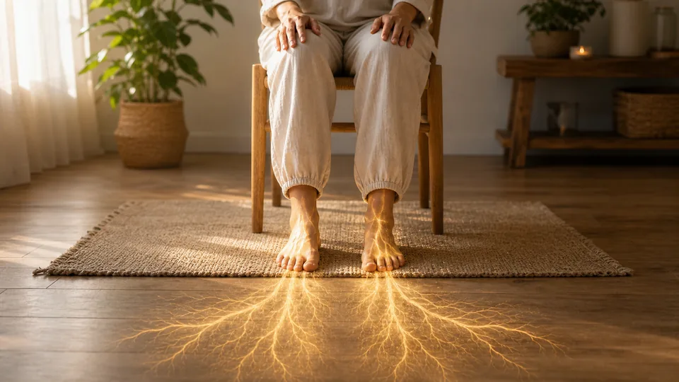 Pés no chão com raízes de luz dourada simbolizando aterramento energético