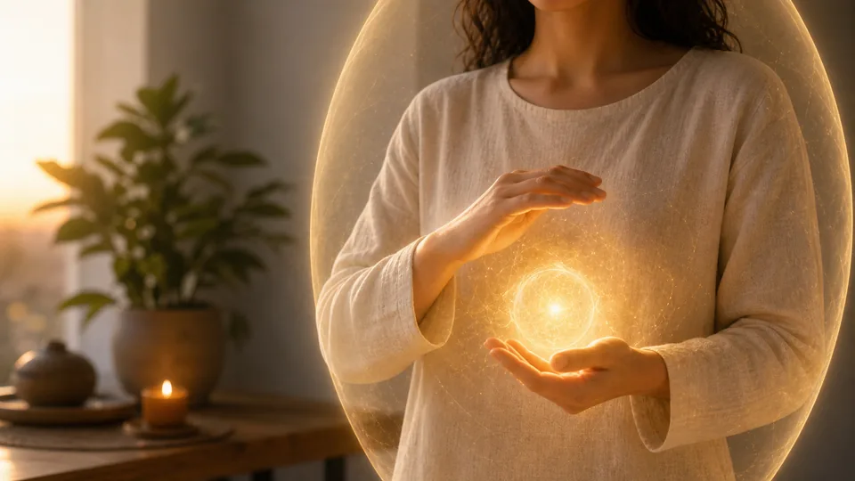 Mãos formando esfera de luz dourada para escudo de proteção energética