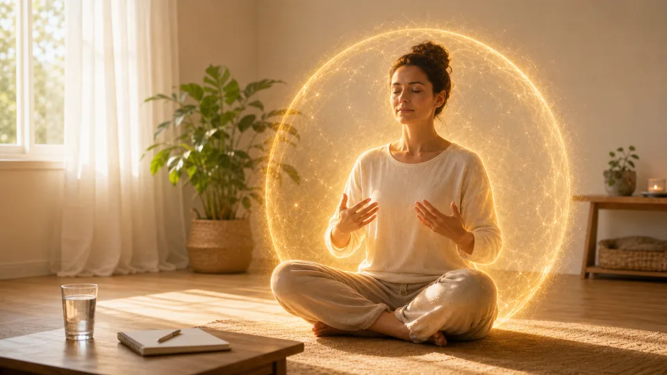 Pessoa meditando em sala clara com esfera dourada de proteção energética