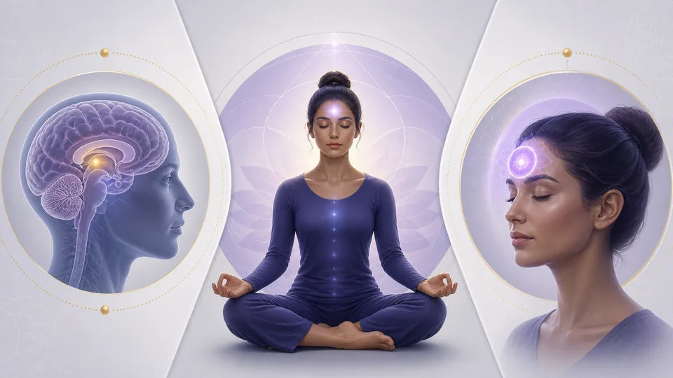 Diferença entre glândula pineal, terceiro olho e chakra frontal em visual educativo